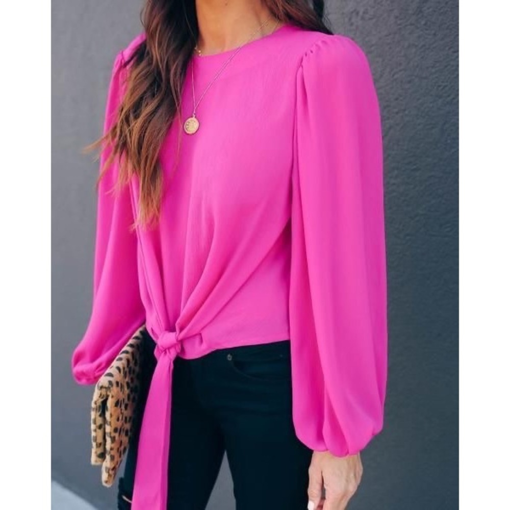 VICI Magenta Tie Front Balloon Sleeve Blouse AT1877 Medium Barbiecore Boho Pink